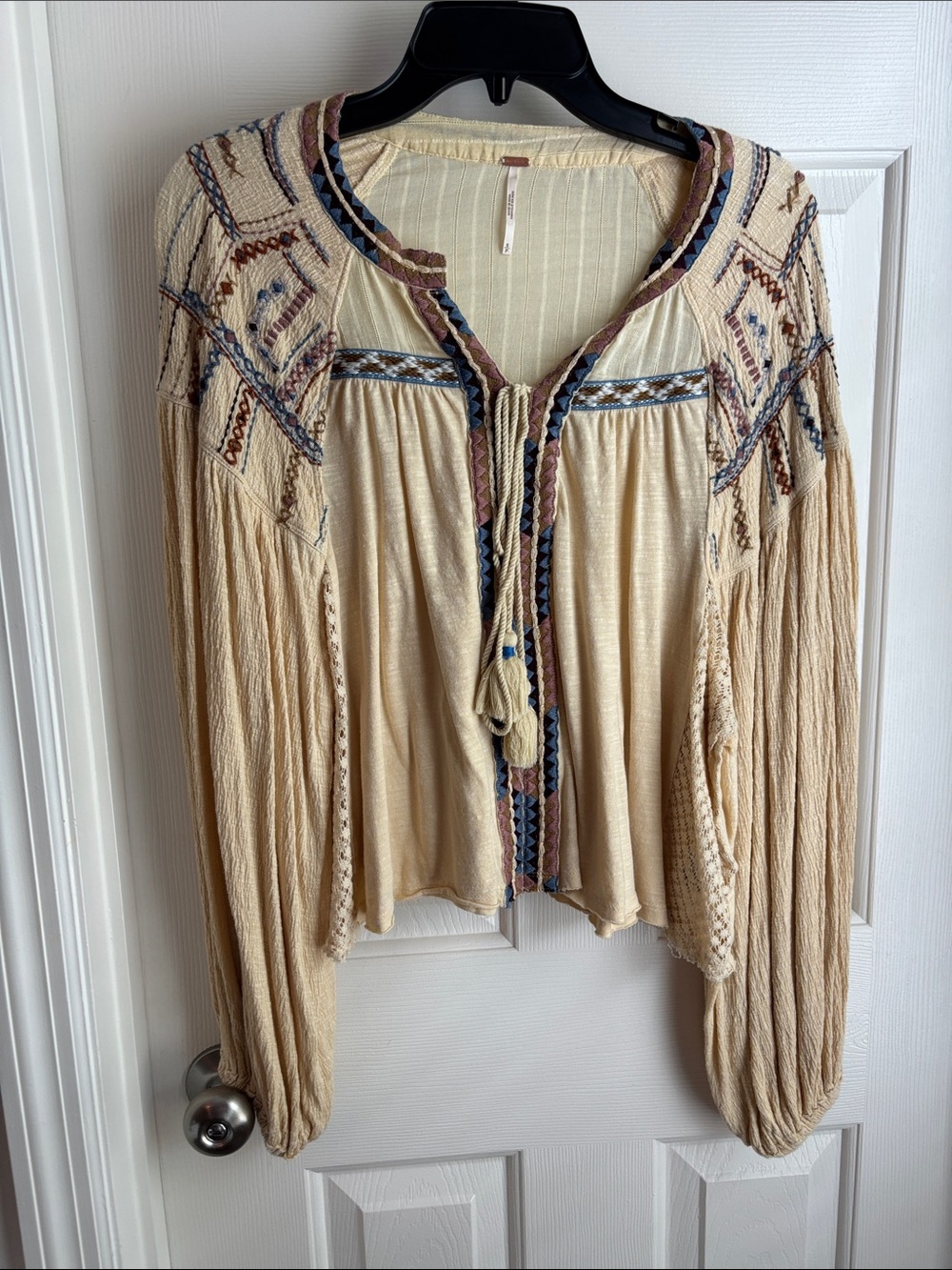 Free People Cream Embroidered Peasant Blouse